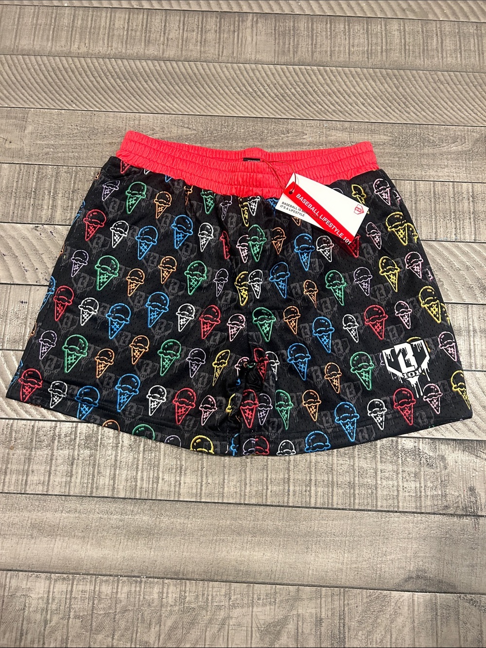 Kids Black Ice Cream Print Swim Shorts with Red Waistband